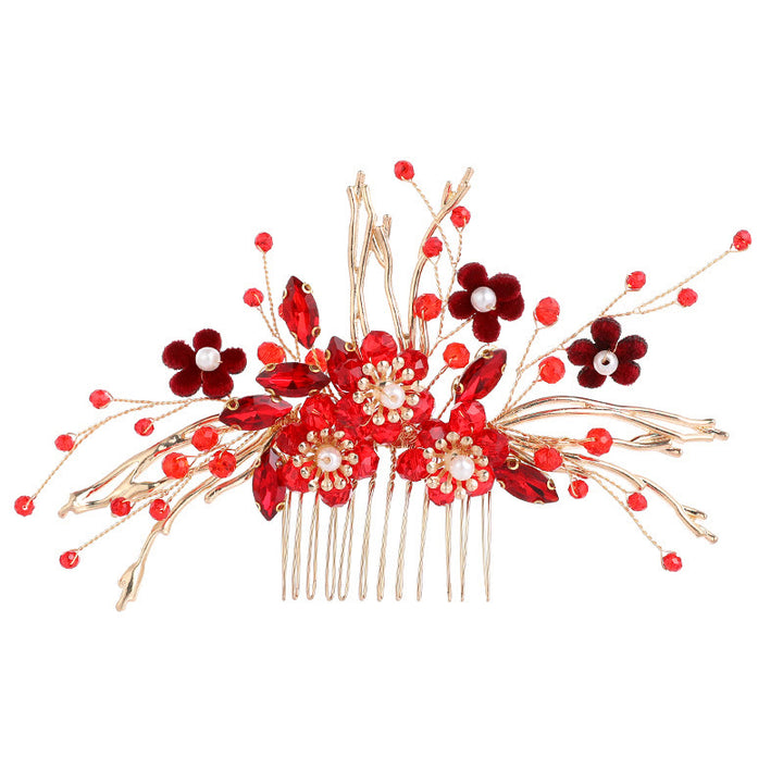 Peine para el cabello con forma de rama de flor roja dorada y Buddha Stones para bodas chinas