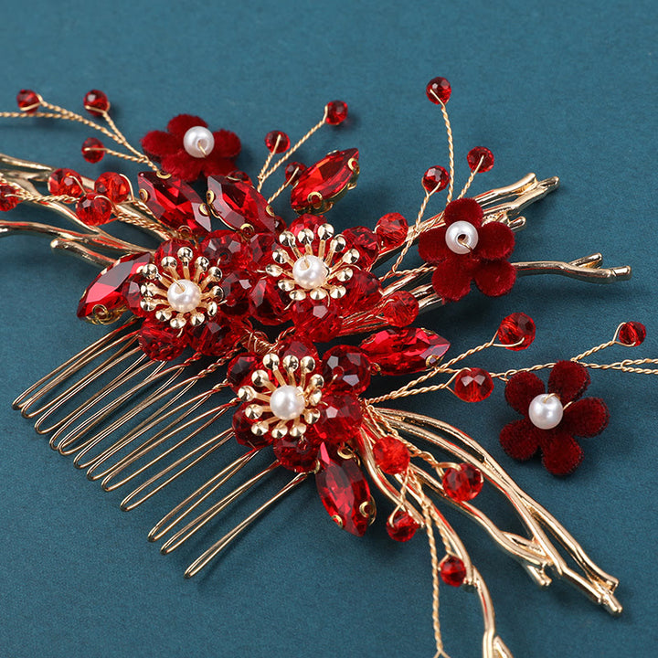 Peine para el cabello con forma de rama de flor roja dorada y Buddha Stones para bodas chinas