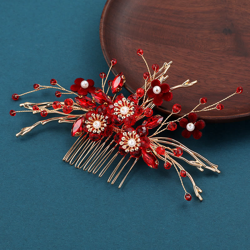 Peine para el cabello con forma de rama de flor roja dorada y Buddha Stones para bodas chinas
