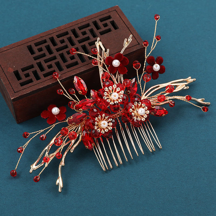 Peine para el cabello con forma de rama de flor roja dorada y Buddha Stones para bodas chinas