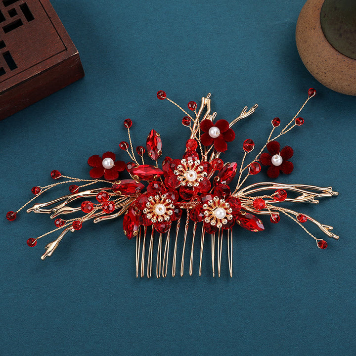 Peine para el cabello con forma de rama de flor roja dorada y Buddha Stones para bodas chinas