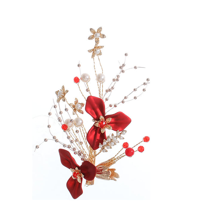 Juego de pinzas para el pelo con perlas y flores rojas para novias chinas con Buddha Stones