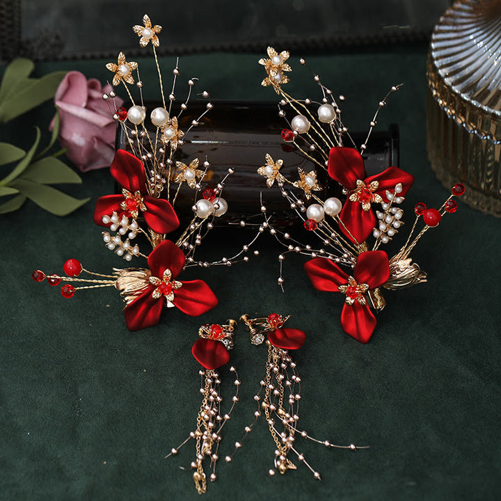 Juego de pinzas para el pelo con perlas y flores rojas para novias chinas con Buddha Stones