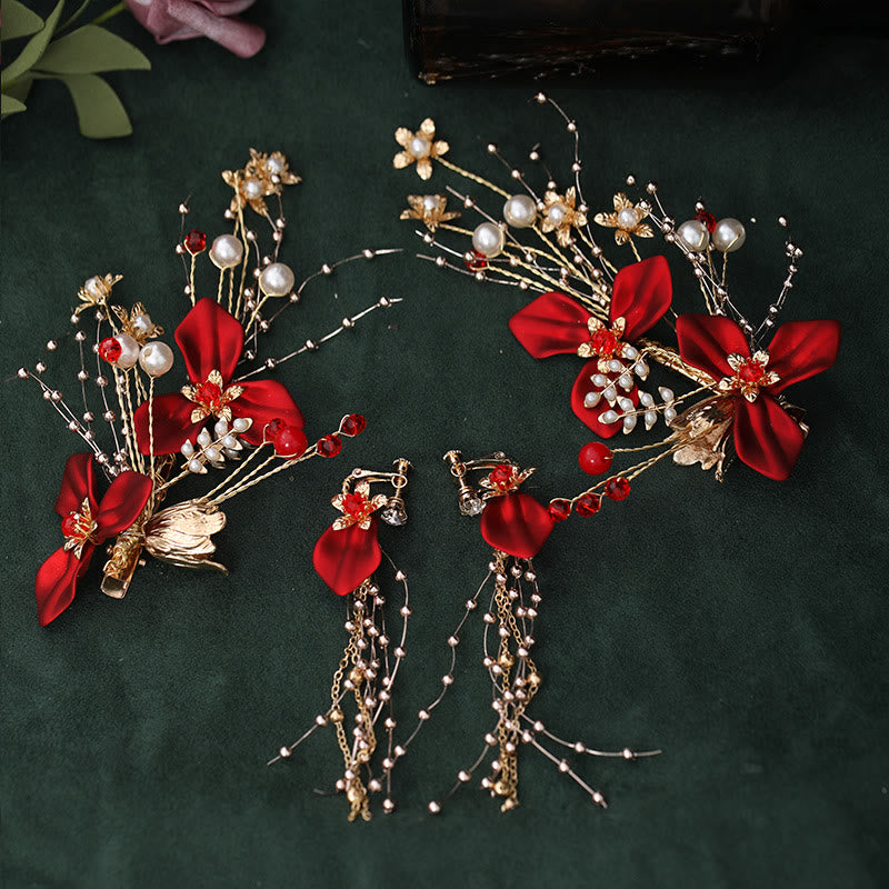Juego de pinzas para el pelo con perlas y flores rojas para novias chinas con Buddha Stones