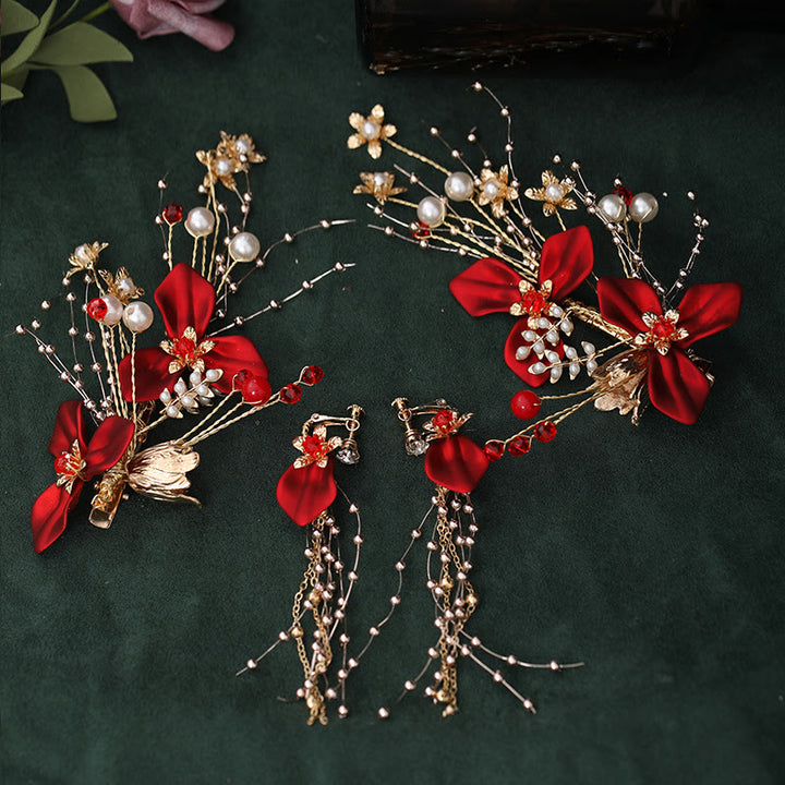 Juego de pinzas para el pelo con perlas y flores rojas para novias chinas con Buddha Stones