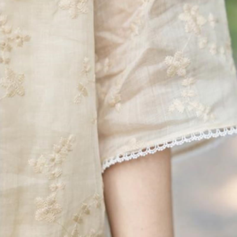 Vestido midi informal de ramio con cuello alto, media manga y bordado de Buddha Stones con bolsillos - image 6