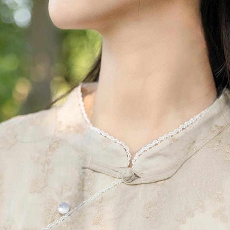 Vestido midi informal de ramio con cuello alto, media manga y bordado de Buddha Stones con bolsillos - image 4