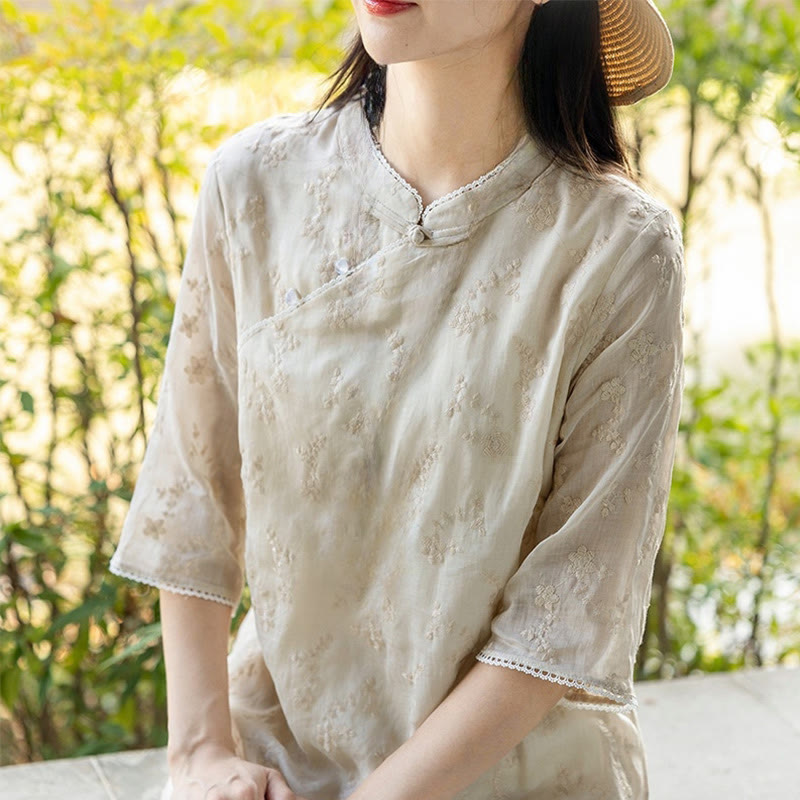 Vestido midi informal de ramio con cuello alto, media manga y bordado de Buddha Stones con bolsillos - image 3