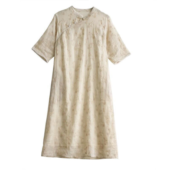 Vestido midi informal de ramio con cuello alto, media manga y bordado de Buddha Stones con bolsillos - image 9