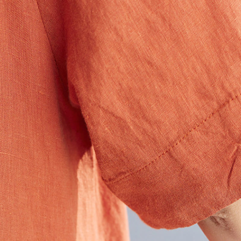 Vestido midi informal holgado de algodón y lino, color liso, con cuello redondo y media manga y bolsillos, de Buddha Stones - image 21