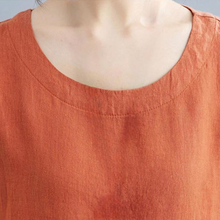 Vestido midi informal holgado de algodón y lino, color liso, con cuello redondo y media manga y bolsillos, de Buddha Stones - image 20