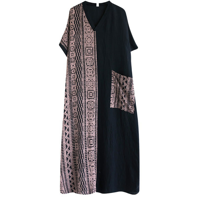 Vestido midi informal holgado con estampado de Buddha Stones, de lino y algodón teñido, con escote en V y media manga y bolsillos. - image 6