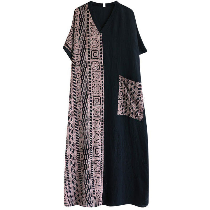 Vestido midi informal holgado con estampado de Buddha Stones, de lino y algodón teñido, con escote en V y media manga y bolsillos. - image 6