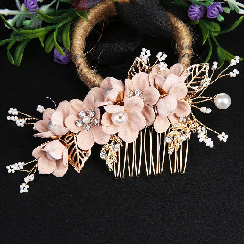 Juego de 4 peinetas para el pelo con forma de hoja dorada y flores y perlas hechas a mano con Buddha Stones