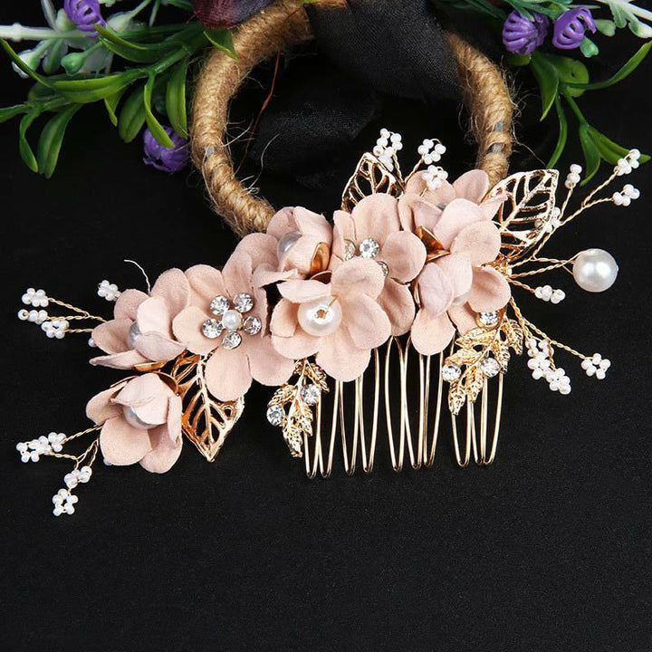 Juego de 4 peinetas para el pelo con forma de hoja dorada y flores y perlas hechas a mano con Buddha Stones