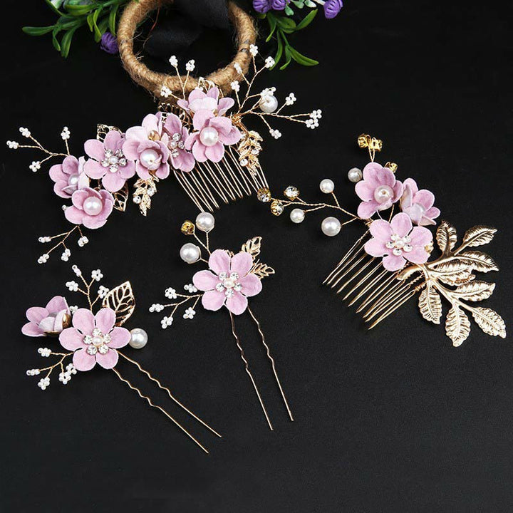 Juego de 4 peinetas para el pelo con forma de hoja dorada y flores y perlas hechas a mano con Buddha Stones