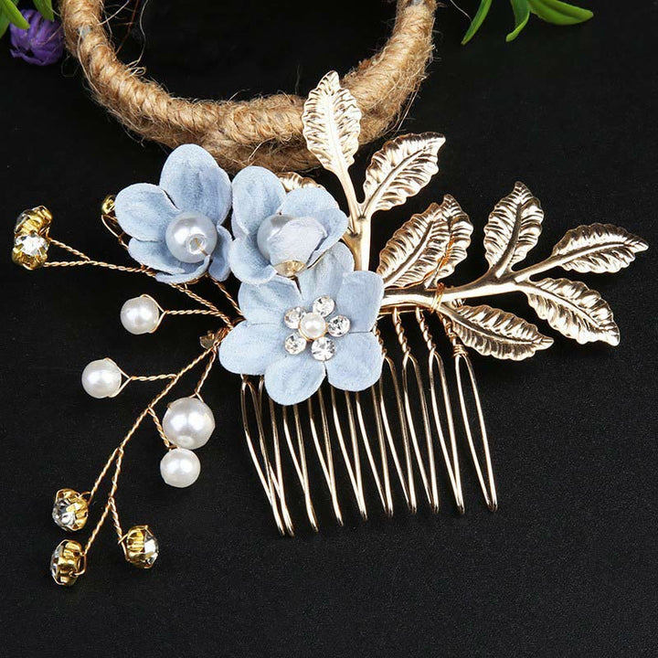 Juego de 4 peinetas para el pelo con forma de hoja dorada y flores y perlas hechas a mano con Buddha Stones