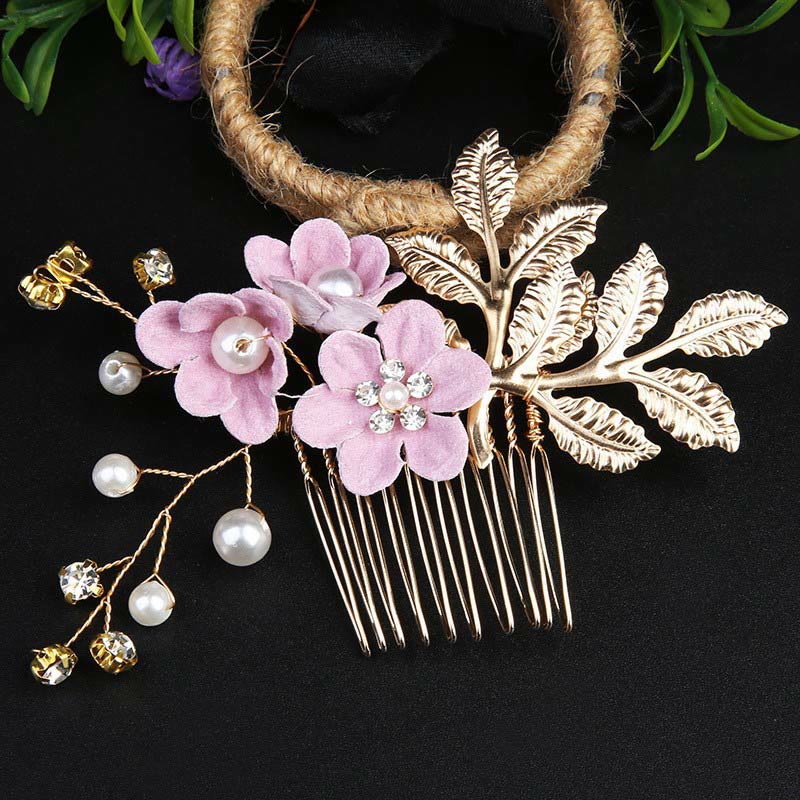 Juego de 4 peinetas para el pelo con forma de hoja dorada y flores y perlas hechas a mano con Buddha Stones