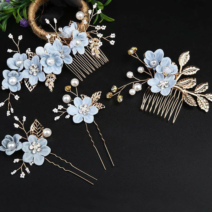 Juego de 4 peinetas para el pelo con forma de hoja dorada y flores y perlas hechas a mano con Buddha Stones