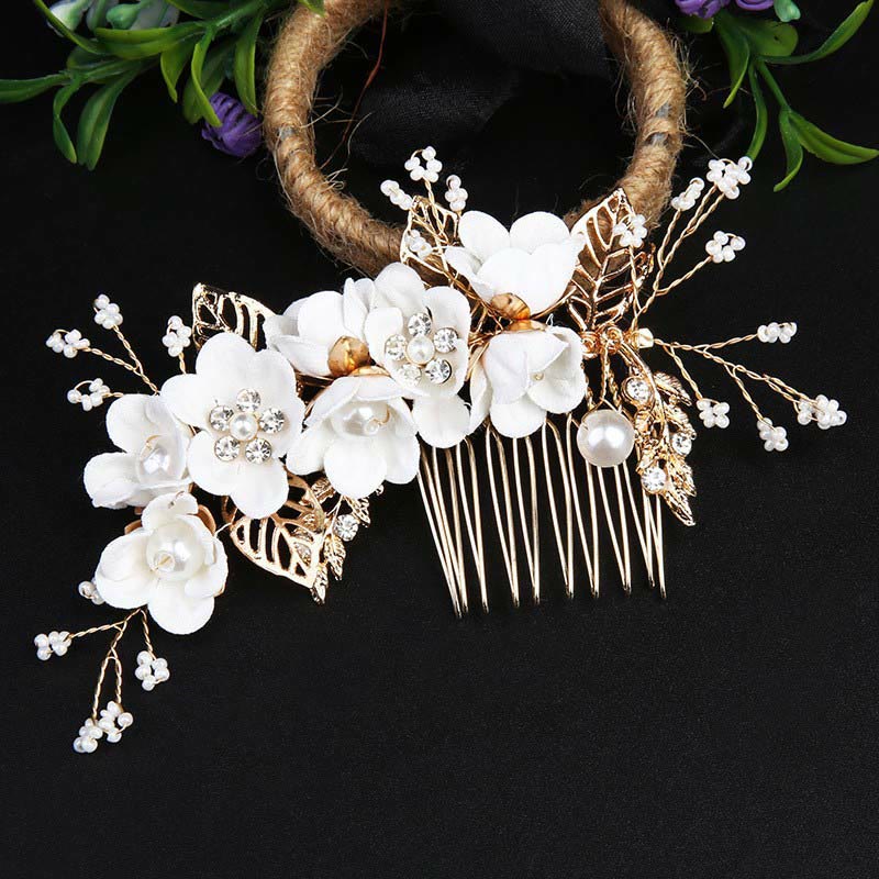 Juego de 4 peinetas para el pelo con forma de hoja dorada y flores y perlas hechas a mano con Buddha Stones