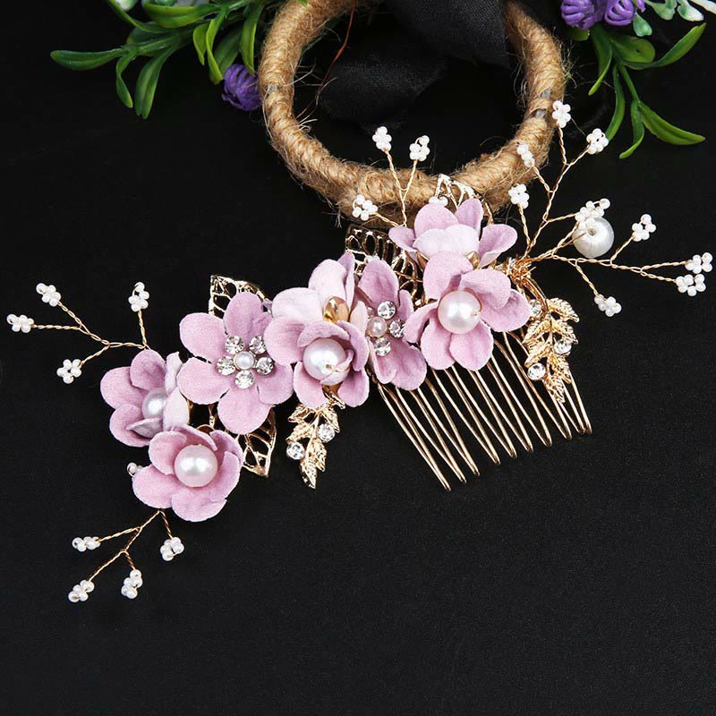 Juego de 4 peinetas para el pelo con forma de hoja dorada y flores y perlas hechas a mano con Buddha Stones