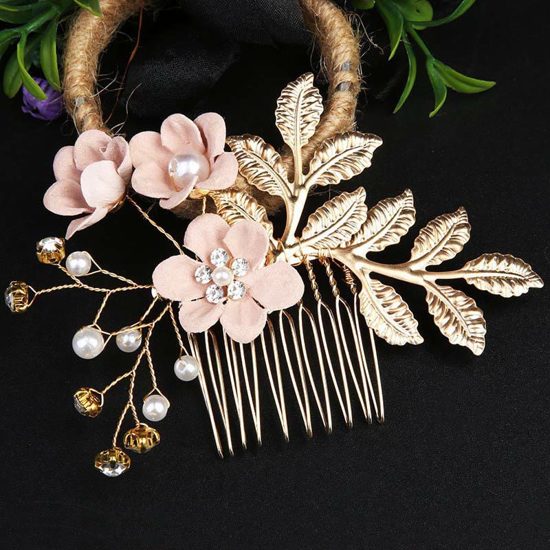 Juego de 4 peinetas para el pelo con forma de hoja dorada y flores y perlas hechas a mano con Buddha Stones