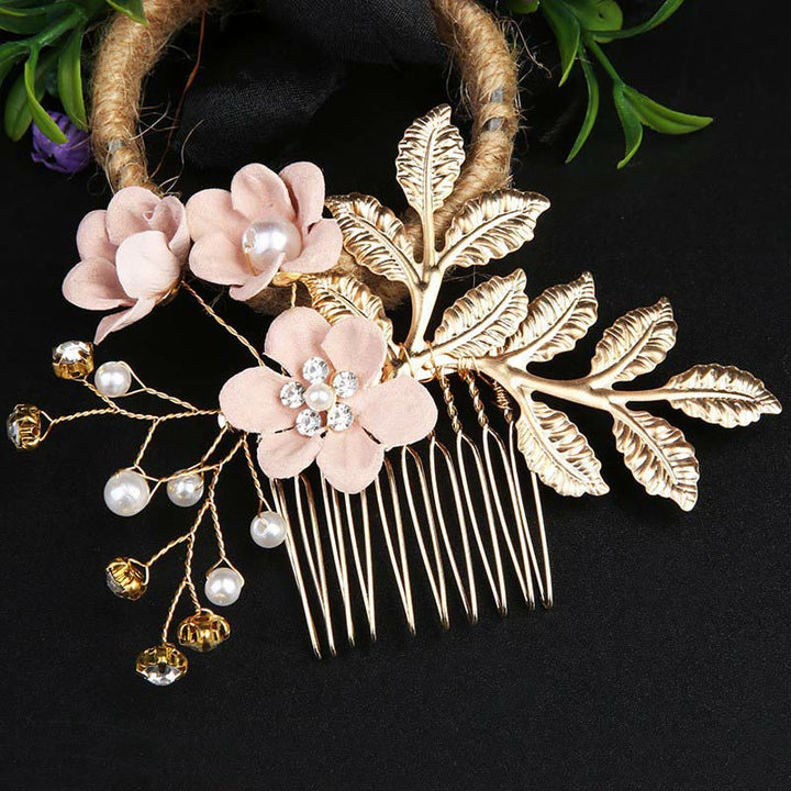 Juego de 4 peinetas para el pelo con forma de hoja dorada y flores y perlas hechas a mano con Buddha Stones