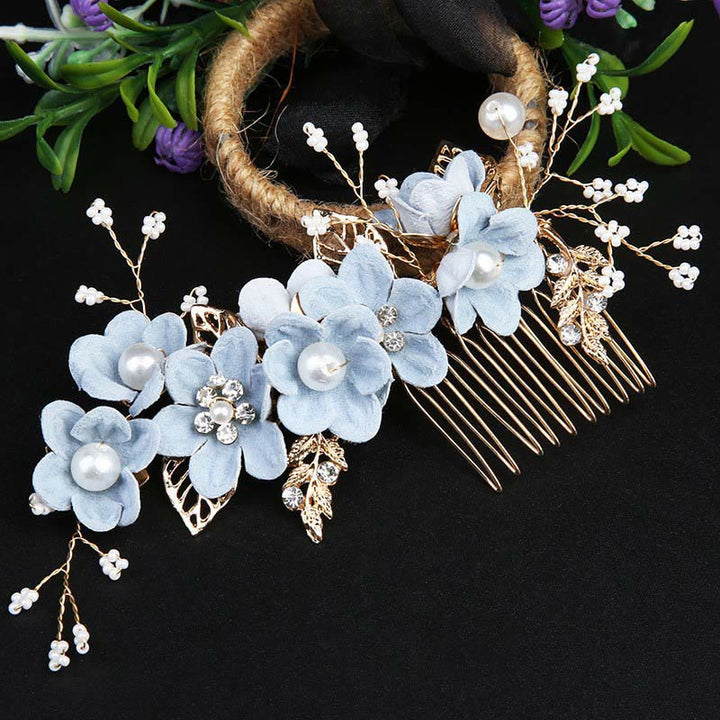 Juego de 4 peinetas para el pelo con forma de hoja dorada y flores y perlas hechas a mano con Buddha Stones