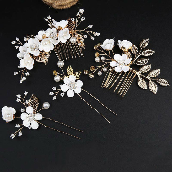 Juego de 4 peinetas para el pelo con forma de hoja dorada y flores y perlas hechas a mano con Buddha Stones