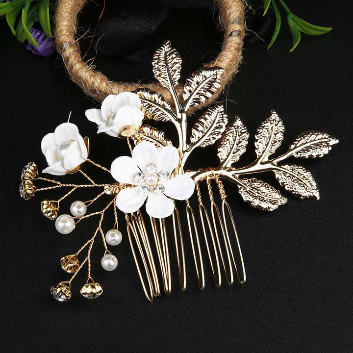 Juego de 4 peinetas para el pelo con forma de hoja dorada y flores y perlas hechas a mano con Buddha Stones