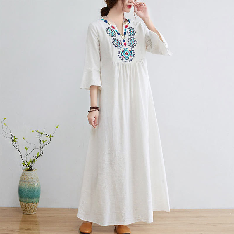 Vestido midi informal de lino y algodón con cuello en V y mangas tres cuartos con estampado floral bordado de Buddha Stones - Nieve - US8-10，UK/AU12-14，EU40-42 (2XL) - image 1