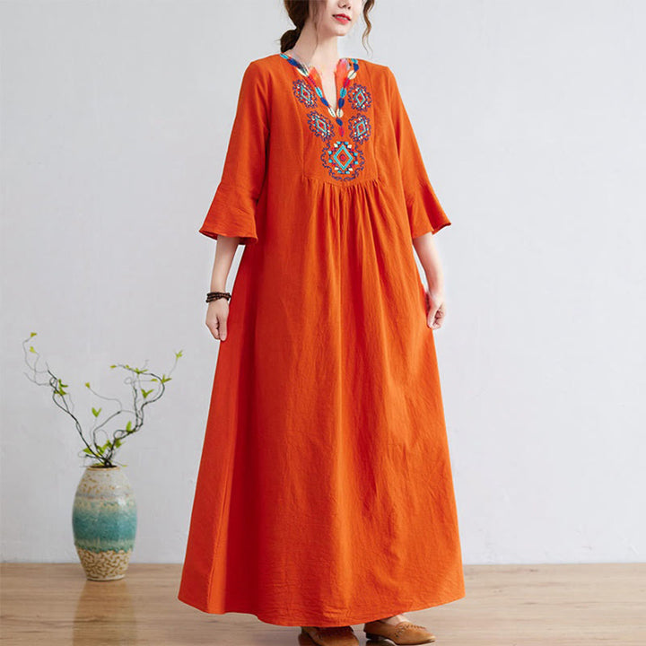 Vestido midi informal de lino y algodón con cuello en V y mangas tres cuartos con estampado floral bordado de Buddha Stones - Coral - US8-10，UK/AU12-14，EU40-42 (2XL) - image 9