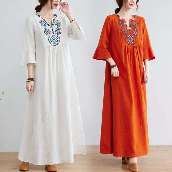 Vestido midi informal de lino y algodón con cuello en V y mangas tres cuartos con estampado floral bordado de Buddha Stones - image 0