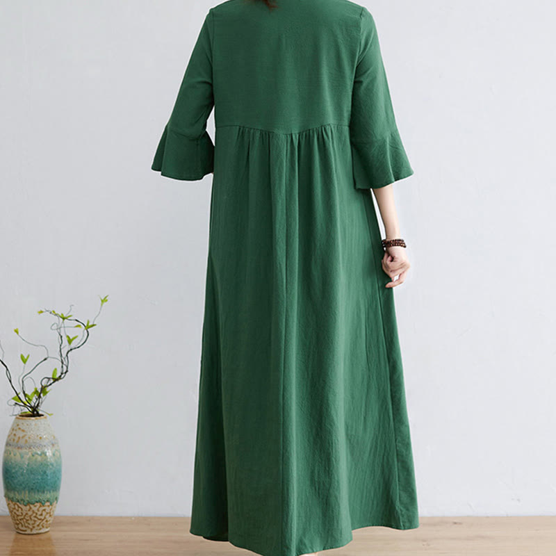 Vestido midi informal de lino y algodón con cuello en V y mangas tres cuartos con estampado floral bordado de Buddha Stones - image 15