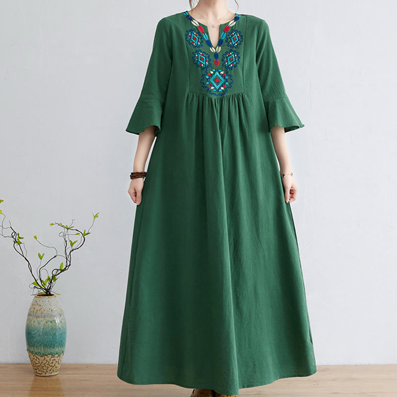 Vestido midi informal de lino y algodón con cuello en V y mangas tres cuartos con estampado floral bordado de Buddha Stones - Verde - US8-10，UK/AU12-14，EU40-42 (2XL) - image 14