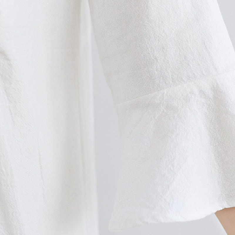 Vestido midi informal de lino y algodón con cuello en V y mangas tres cuartos con estampado floral bordado de Buddha Stones - image 8