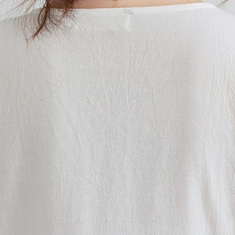 Vestido midi informal de lino y algodón con cuello en V y mangas tres cuartos con estampado floral bordado de Buddha Stones - image 6