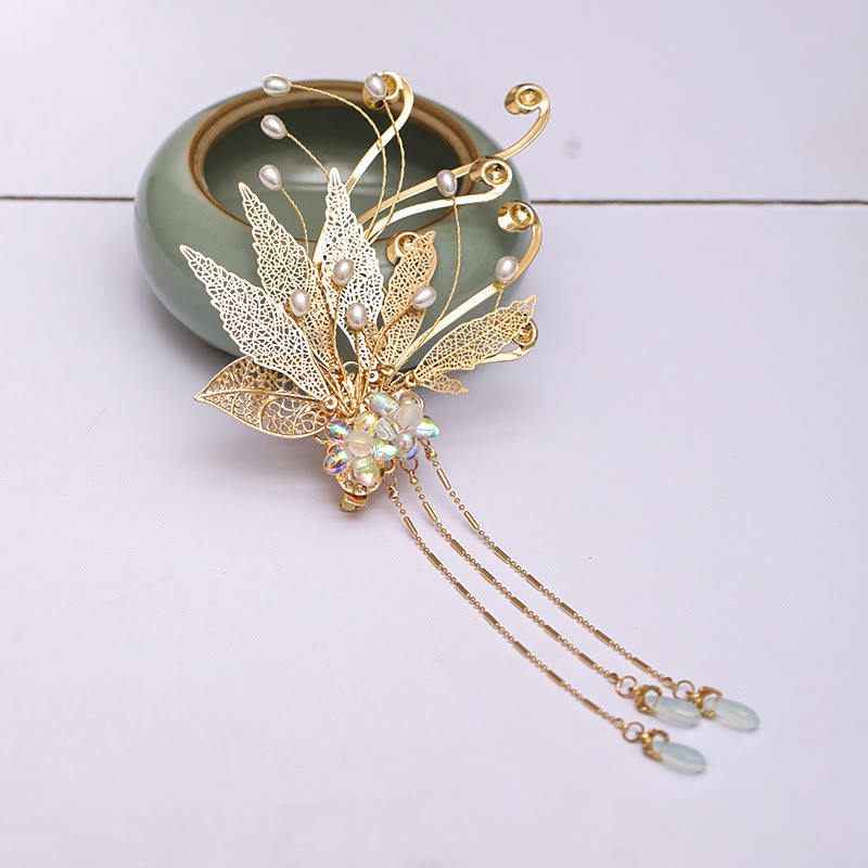 Pinza para el pelo con borlas y flores de hojas doradas tradicionales chinas con Buddha Stones