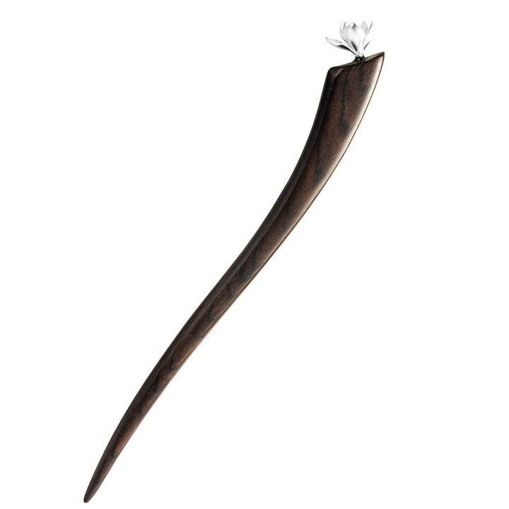 Horquilla clásica con bendición de flor de magnolia de ébano y plata de ley 925 con Buddha Stones