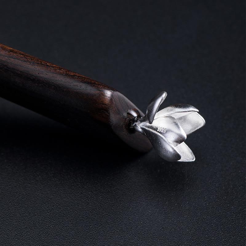 Horquilla clásica con bendición de flor de magnolia de ébano y plata de ley 925 con Buddha Stones