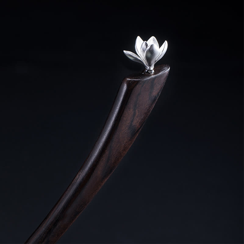Horquilla clásica con bendición de flor de magnolia de ébano y plata de ley 925 con Buddha Stones - Horquilla de ébano con flor de magnolia - image 0