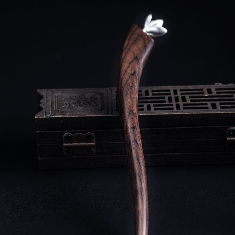 Horquilla clásica con bendición de flor de magnolia de ébano y plata de ley 925 con Buddha Stones
