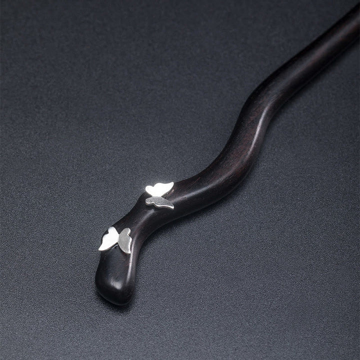 Horquilla relajante con forma de mariposa de ébano de estilo chino clásico en plata de ley 925 con Buddha Stones