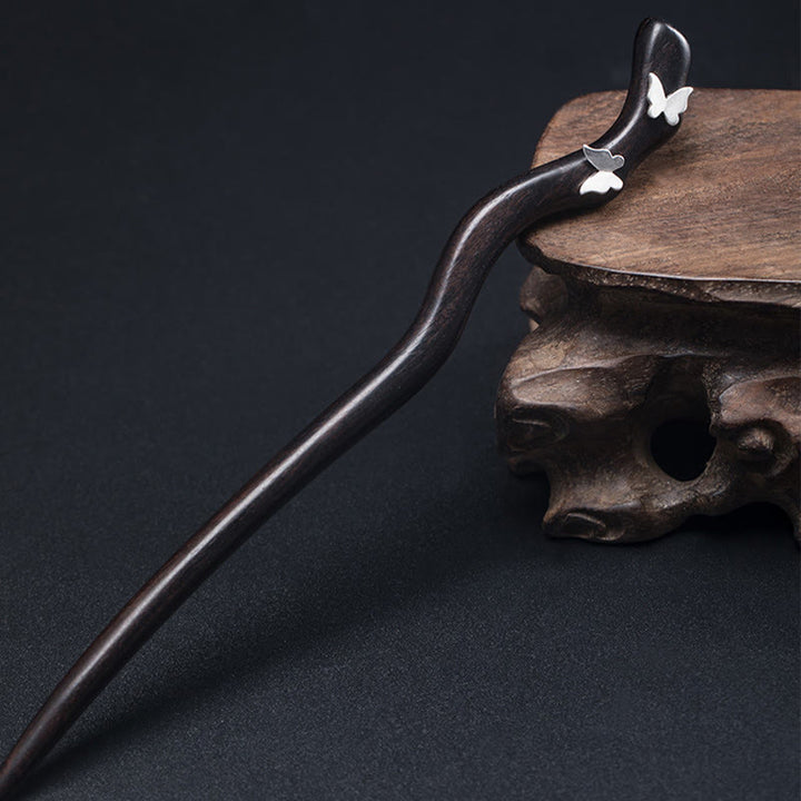 Horquilla relajante con forma de mariposa de ébano de estilo chino clásico en plata de ley 925 con Buddha Stones - image 1