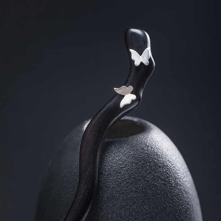 Horquilla relajante con forma de mariposa de ébano de estilo chino clásico en plata de ley 925 con Buddha Stones - Horquilla de ébano con forma de mariposa - image 0