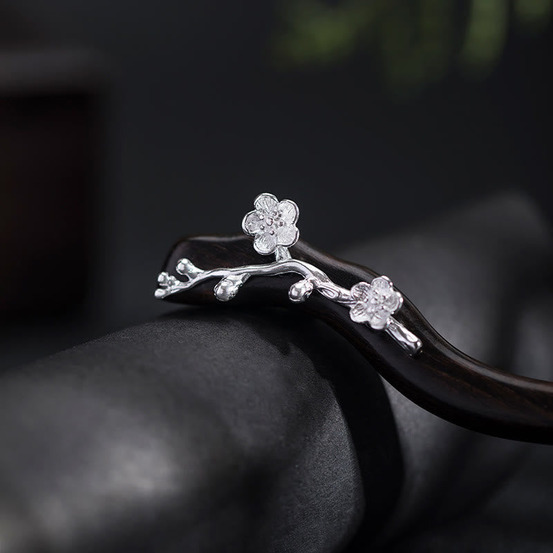 Horquilla con bendición de flor de ciruelo de ébano de estilo chino clásico de plata de ley 925 con Buddha Stones