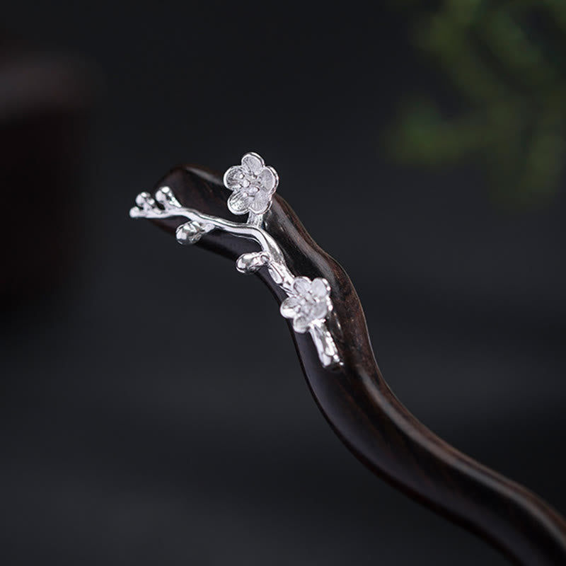 Horquilla con bendición de flor de ciruelo de ébano de estilo chino clásico de plata de ley 925 con Buddha Stones