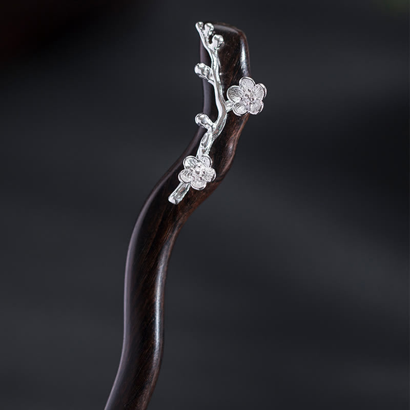 Horquilla con bendición de flor de ciruelo de ébano de estilo chino clásico de plata de ley 925 con Buddha Stones