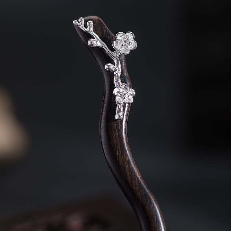 Horquilla con bendición de flor de ciruelo de ébano de estilo chino clásico de plata de ley 925 con Buddha Stones