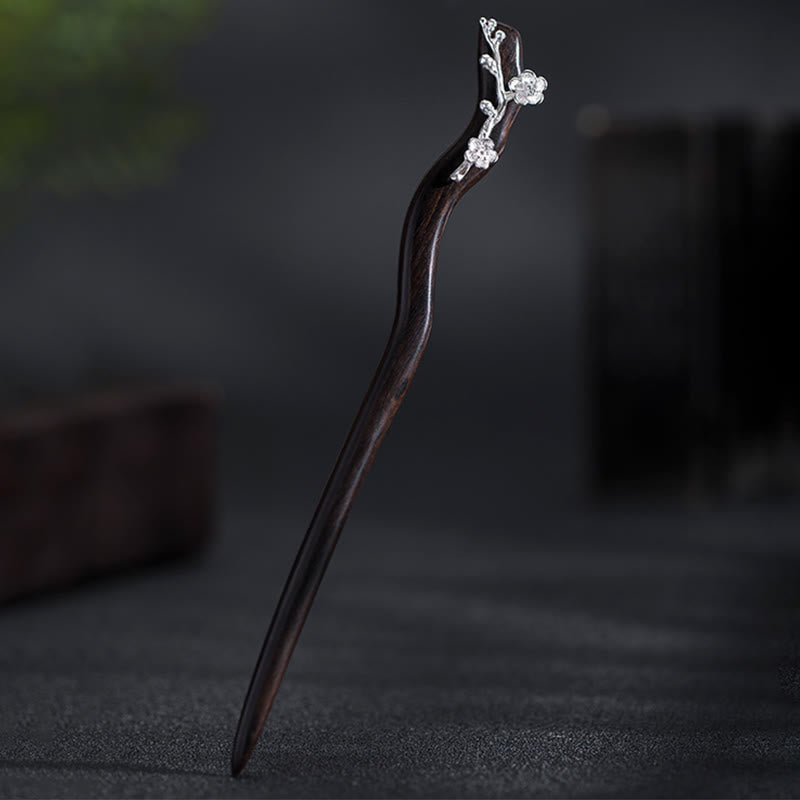 Horquilla con bendición de flor de ciruelo de ébano de estilo chino clásico de plata de ley 925 con Buddha Stones